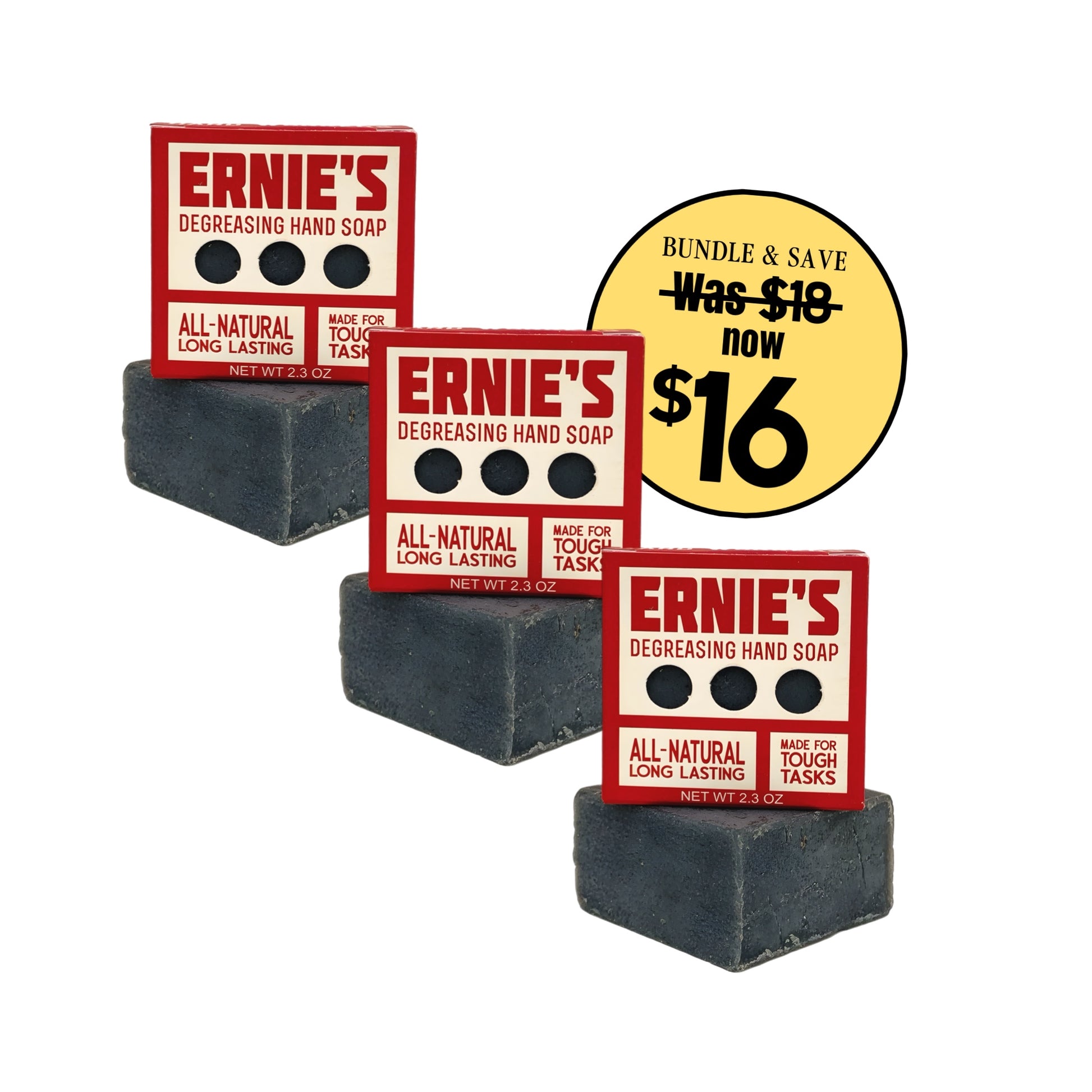 Three-pack of Ernie’s Soap natural biodegradable heavy-duty hand soap bars for tough grime