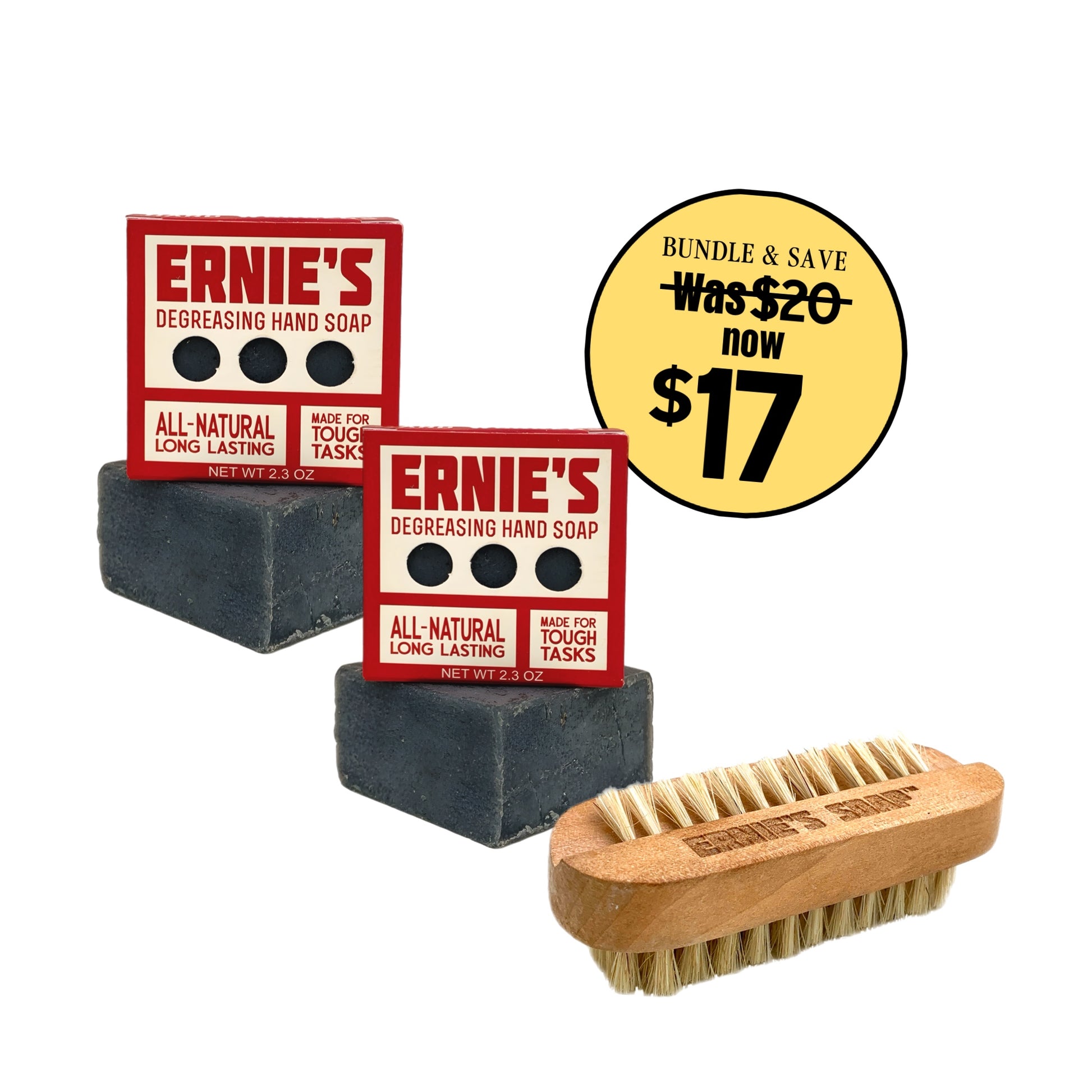 Ernie’s Soap gift pack with two natural heavy-duty soap bars and a wooden nail brush